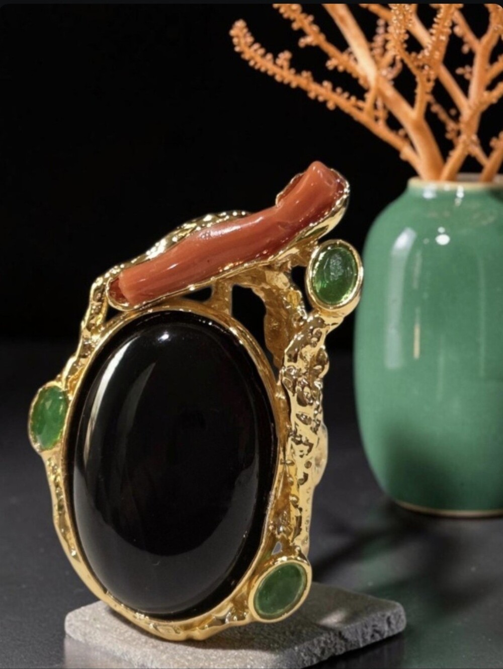 18k Gold Plated Custom Genuine Onyx Coral Branch Emerald Crystal Cocktail Ring